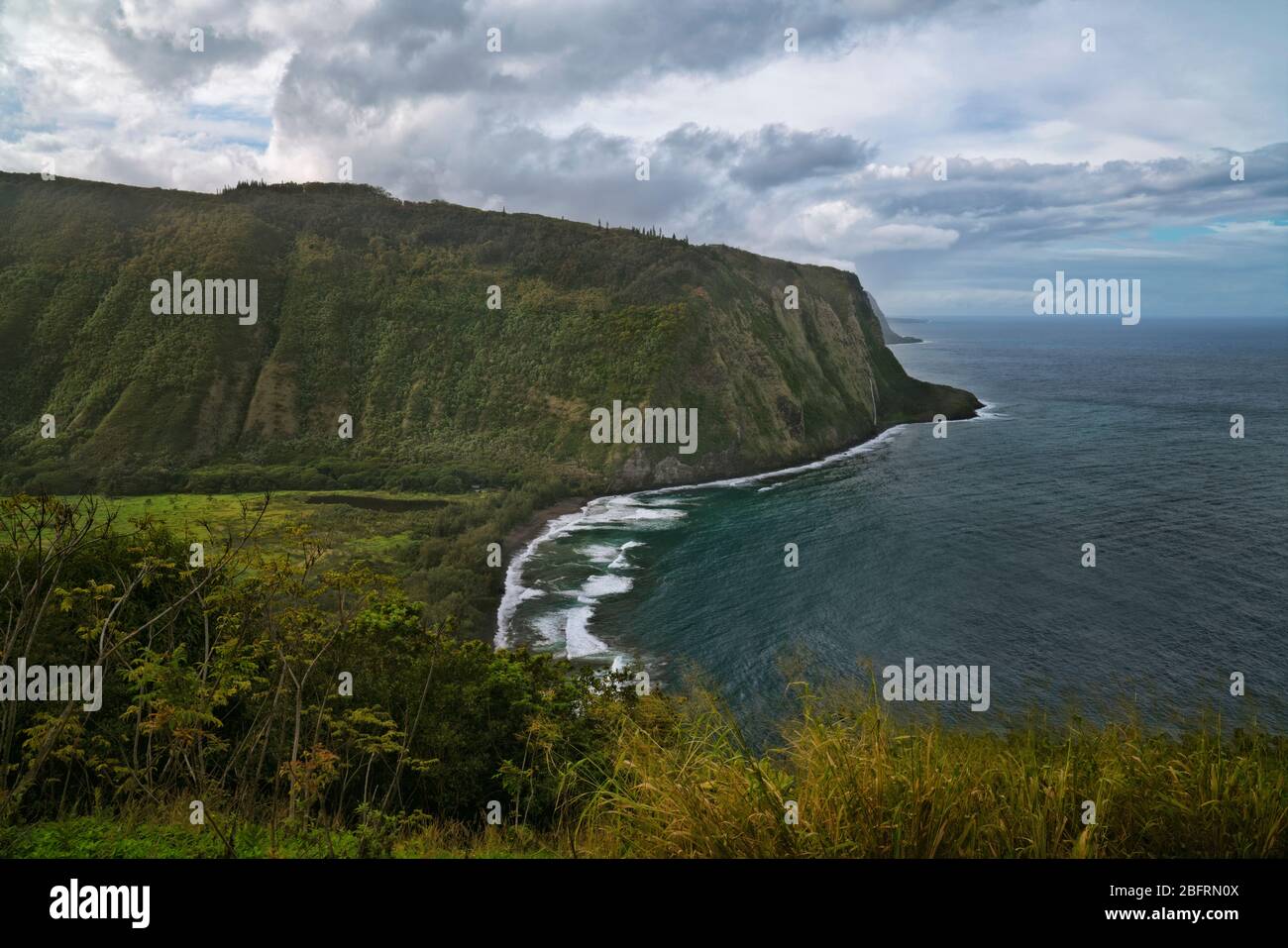 Les pauses de l'après-midi et les nuages de tempête passent au-dessus de la vallée de Waipio, avec cette vue magnifique le long de la côte de Hamakua sur la Grande île d'Hawaï. Banque D'Images