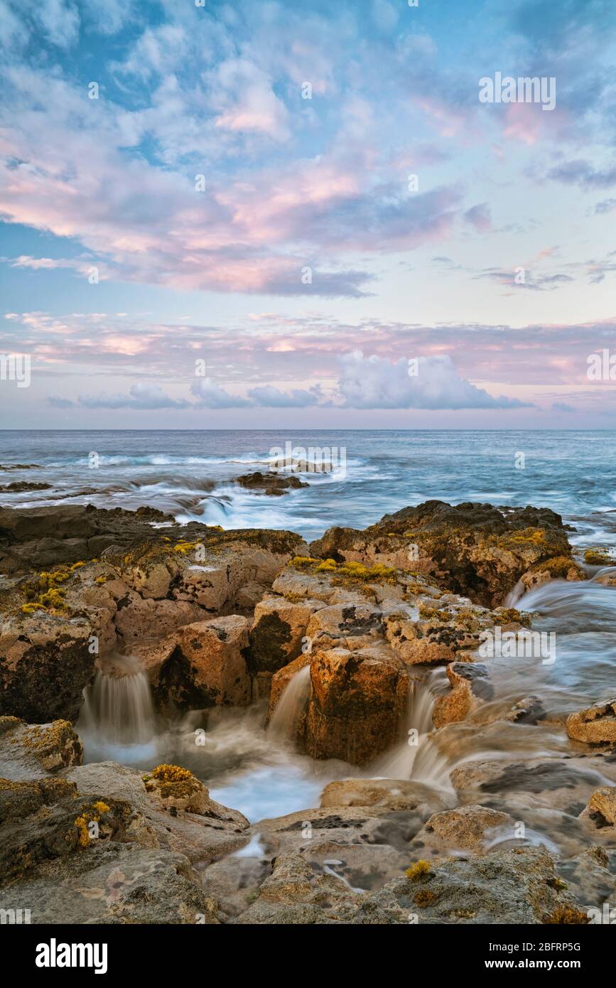 Les couleurs du lever du soleil illuminent le ciel au-dessus du tube de lave connu sous le nom de Pele bien le long de la côte de Kona sur la Grande île d'Hawaï. Banque D'Images