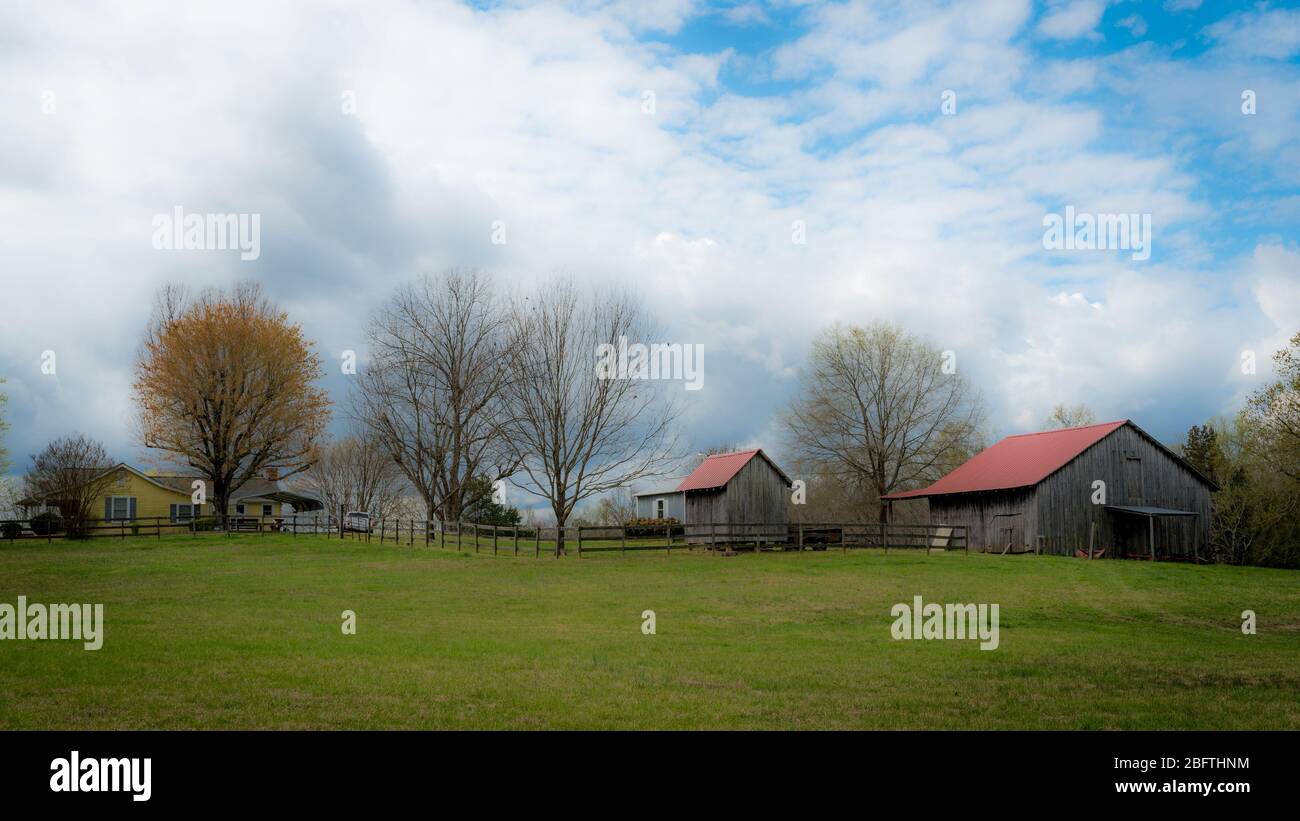 Petites granges et clôture de bois de maison jaune dans un champ d'herbe avec ciel bleu nuageux en arrière-plan Banque D'Images