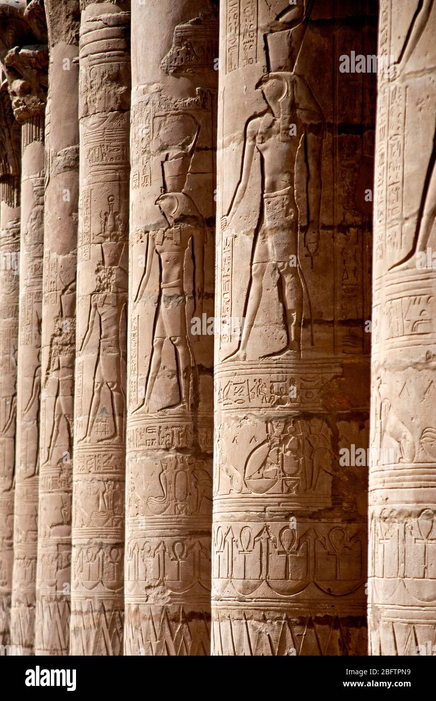 Colonnes ornées dans le Temple d'Horus à Edfu, en Egypte. Banque D'Images