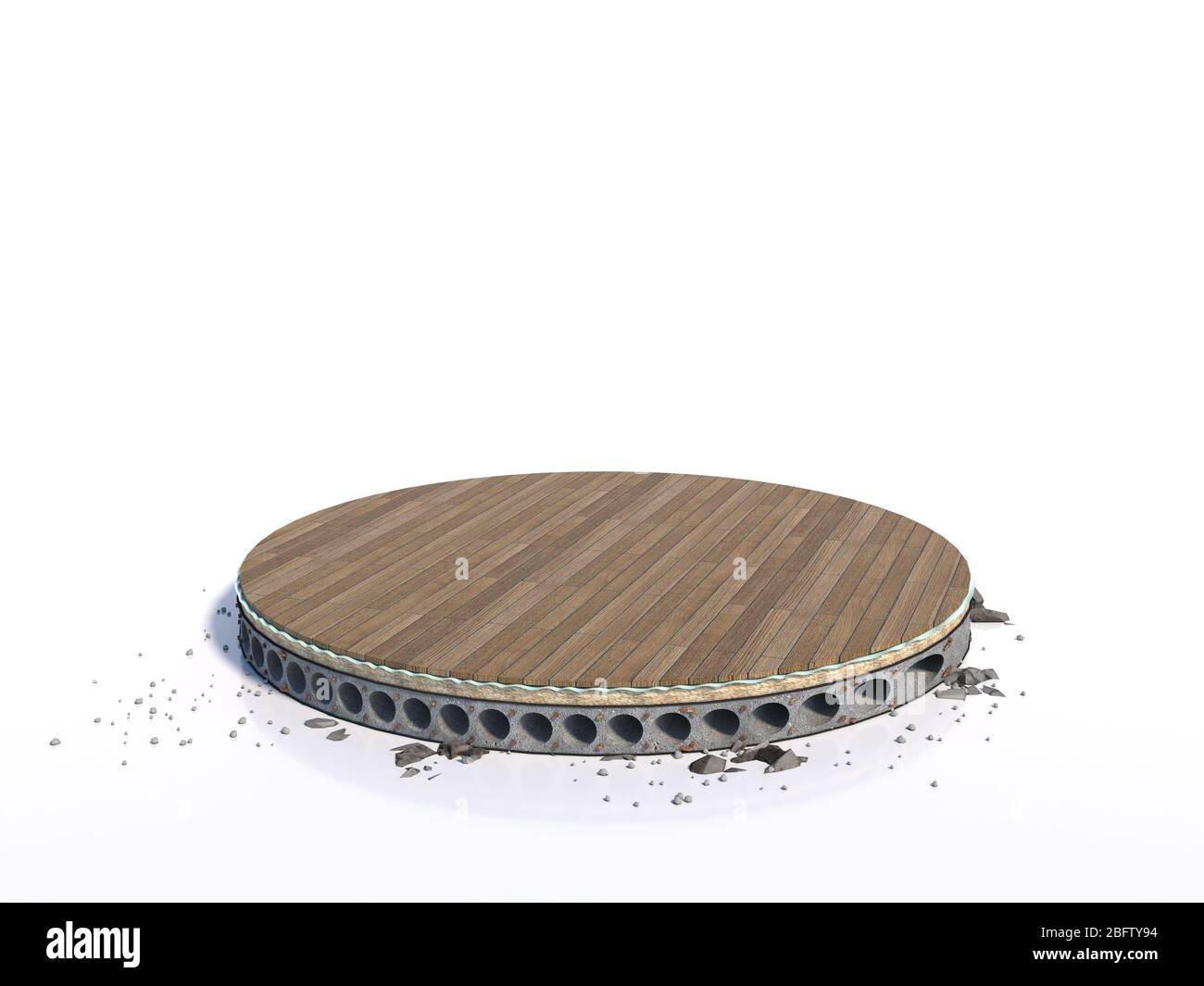 Design conceptuel, sol en béton armé avec isolation et parquet - découpés dans un cercle, adapté à la démonstration de biens, rendu tridimensionnel. Banque D'Images