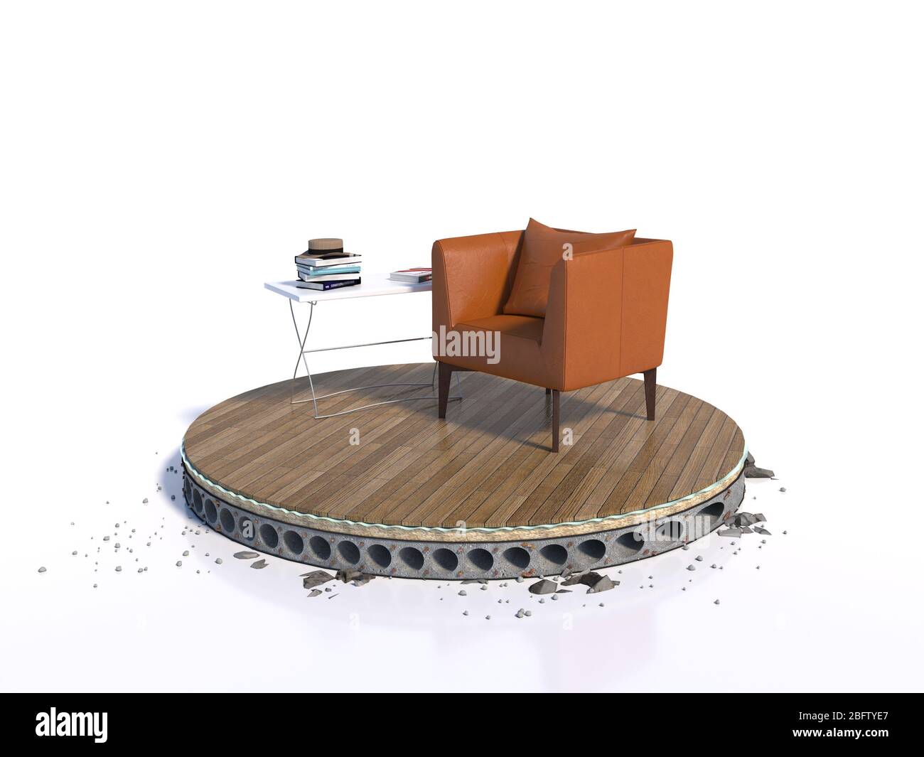 Design conceptuel, sol en béton armé avec isolation et parquet - coupé en cercle, au sommet il ya un fauteuil et une table basse, tridimensionnel Banque D'Images