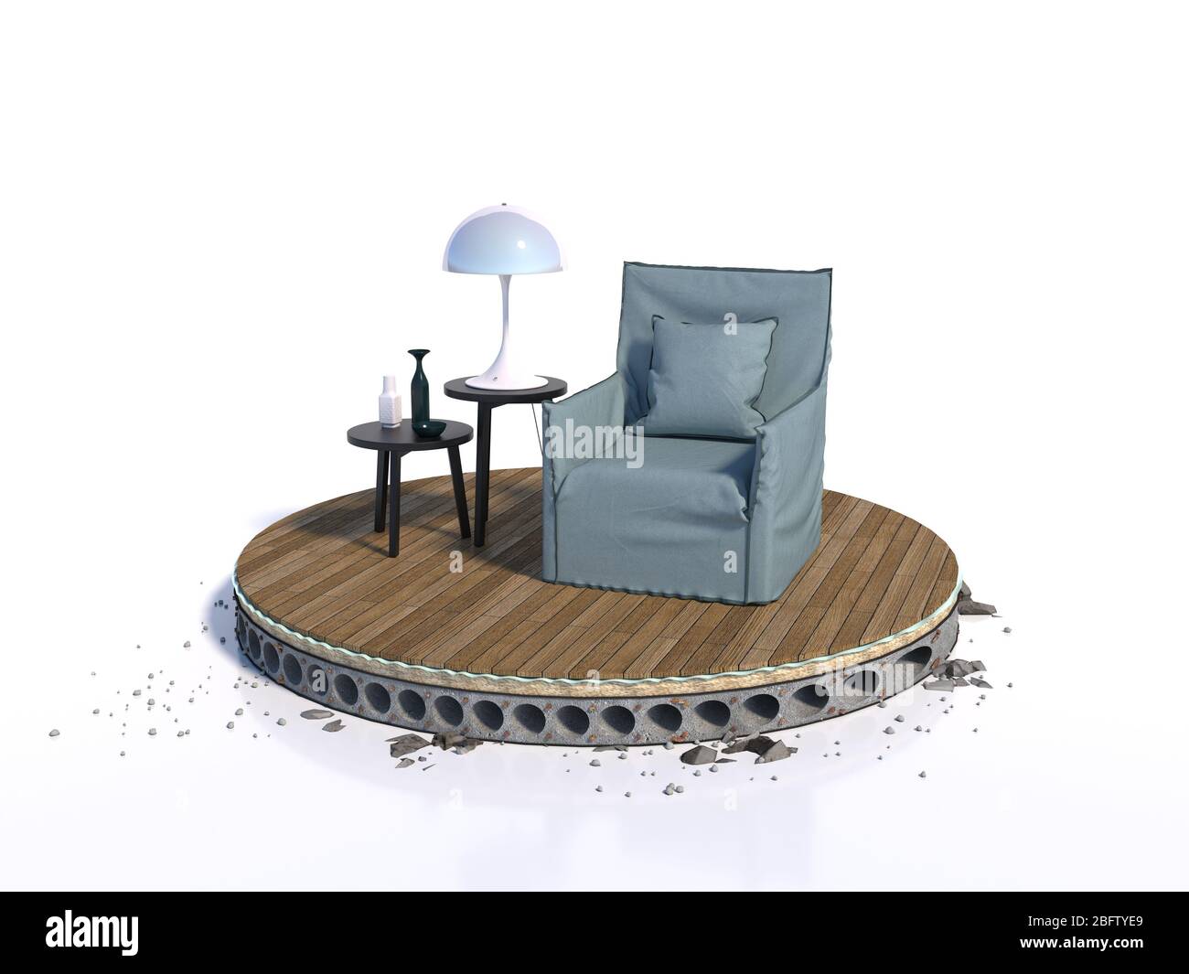 Design conceptuel, sol en béton armé avec isolation et parquet - coupé en cercle, au sommet il ya un fauteuil et une table basse, tridimensionnel Banque D'Images
