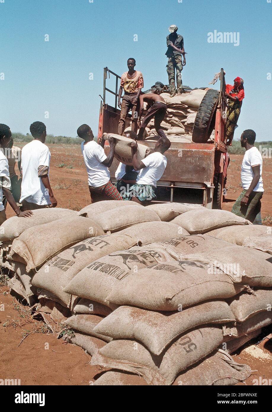 1993 - Les hommes du village d'Maleel empiler des sacs de blé qu'un escadron d'hélicoptères lourds Marine 363 (HMH-363) CH-53D Sea Stallion helicopter prepaers d'abandonner une autre charge au cours de l'effort de secours multinationales l'opération RESTORE HOPE. Banque D'Images