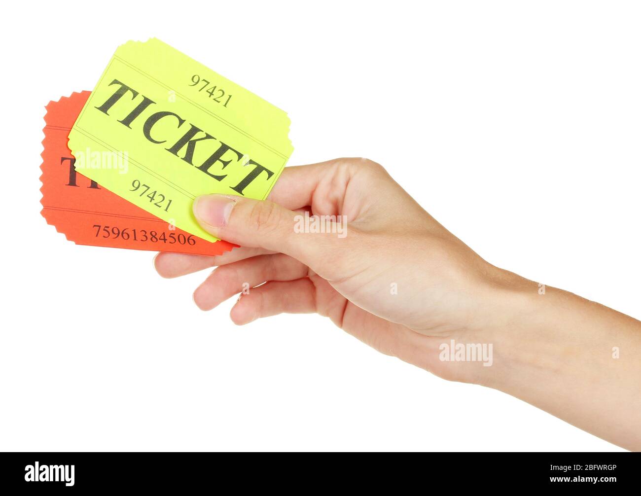 Main de femme tenant un billet coloré sur fond blanc gros plan Banque D'Images