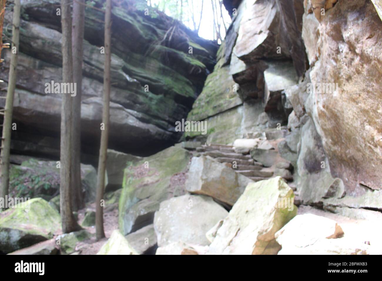 Old man grotte sentier de marche et chute d'eau dans l'État de l'Ohio, nature vert paysage et arbres verts pont de suspension de bois, canal d'eau Banque D'Images