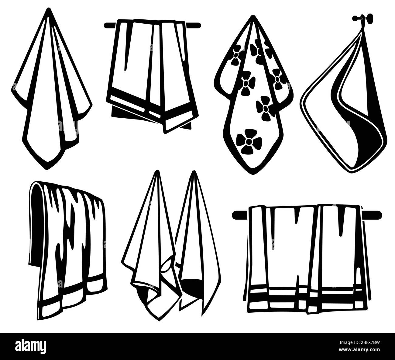 Les serviettes de bain, de plage et de cuisine en tissu doux sont des icônes noires vectorielles. Collection de serviettes pour l'illustration de la plage et du bain Illustration de Vecteur