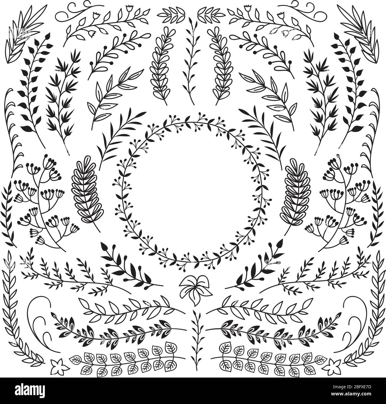 Branches tracées à la main avec feuilles. Cadres décoratifs à bordure en couronne fleurie. Ensemble de vecteurs de gribouille rustique. Illustration de la branche rustique florale, feuille de caniche v Illustration de Vecteur Branches tracées à la main avec feuilles. Cadres décoratifs à bordure en couronne fleurie. Ensemble de vecteurs de gribouille rustique. Illustration de la branche rustique florale, feuille de caniche v Illustration de Vecteur