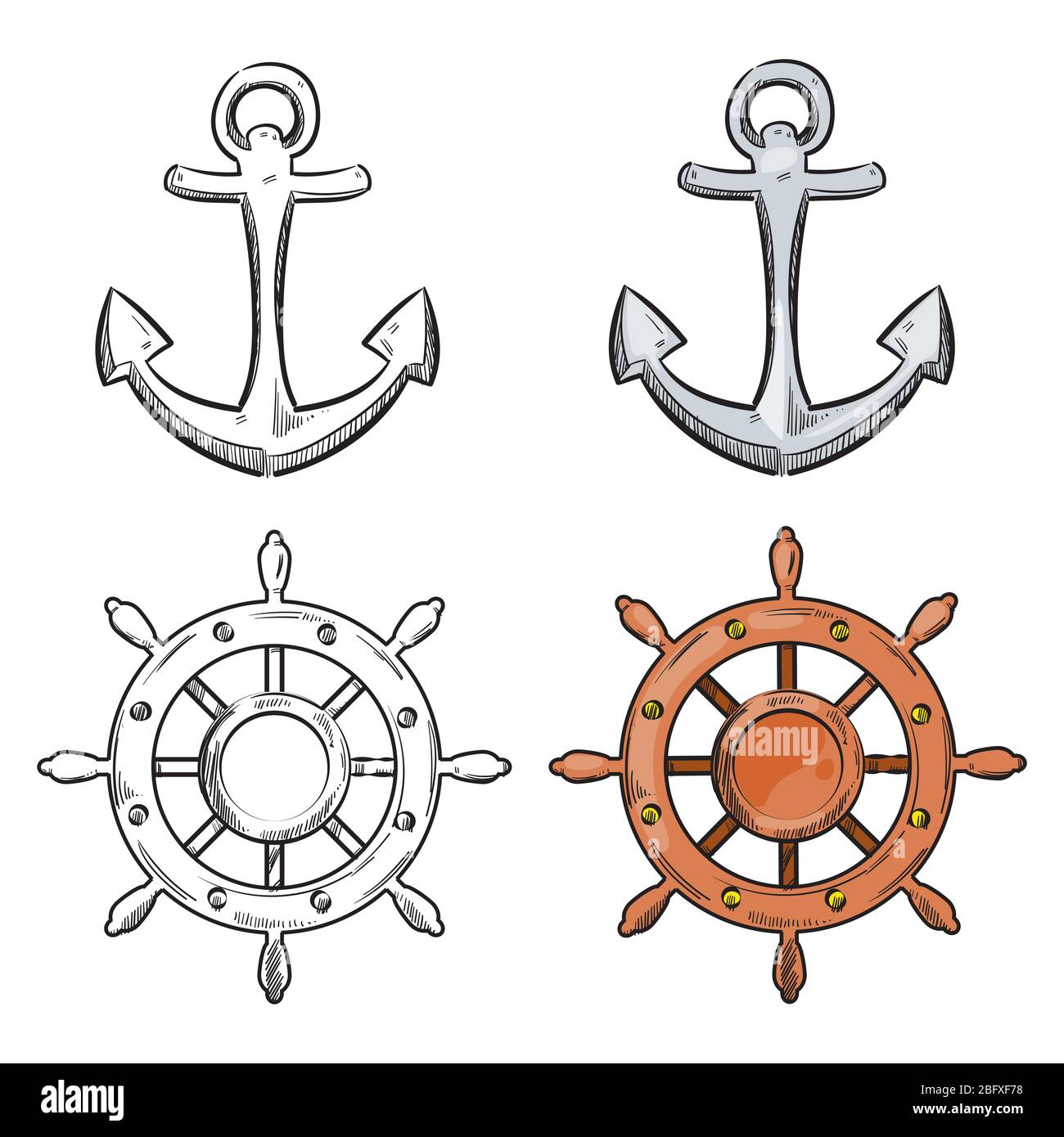 Ancrage de caractère de dessin animé et roue de mer isolée sur fond blanc. Éléments nautiques pour le livre de coloriage. Illustration vectorielle Illustration de Vecteur