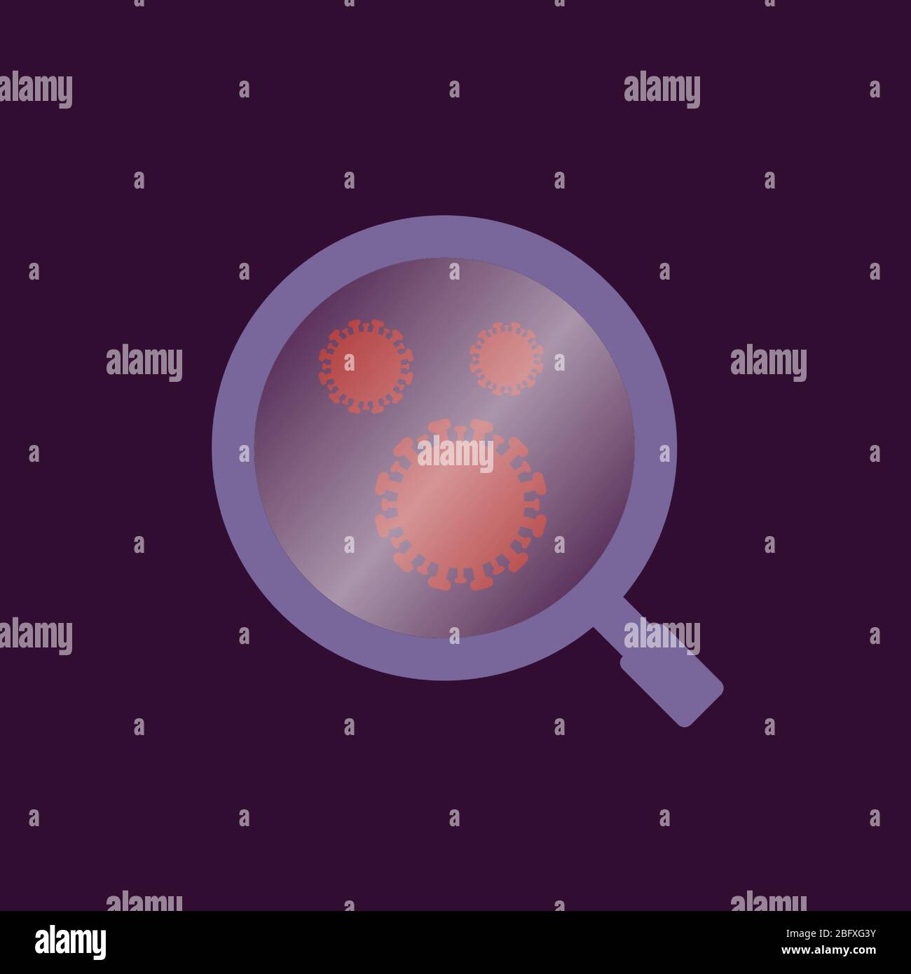 Concept de recherche sur les virus avec loupe, illustration de la loupe a détecté un virus rouge. Virus médical, illustrations vectorielles. Illustration de Vecteur