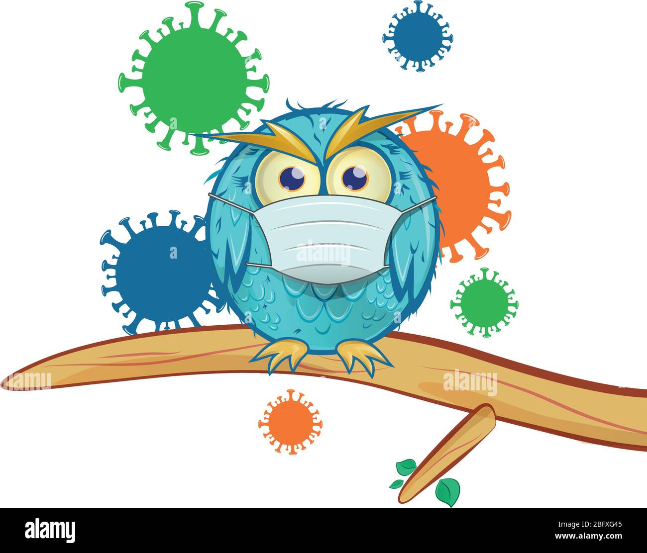 hibou bleu avec dessin animé masque sur fond de coronavirus Illustration de Vecteur