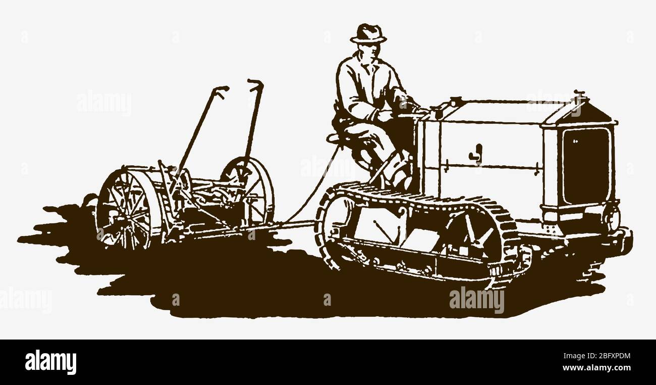 Agriculteur historique assis sur un tracteur à chenilles tirant une faucheuse attelée. Illustration après une gravure du début du XXe siècle Illustration de Vecteur