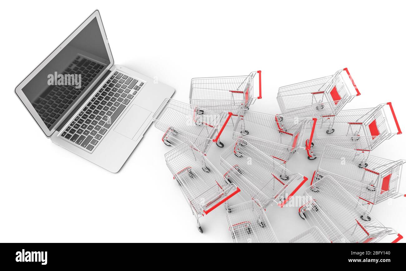 les paniers en file d'attente attendent le tour pour les achats en ligne. rendu tridimensionnel, concept de commerce électronique. personne autour. Banque D'Images