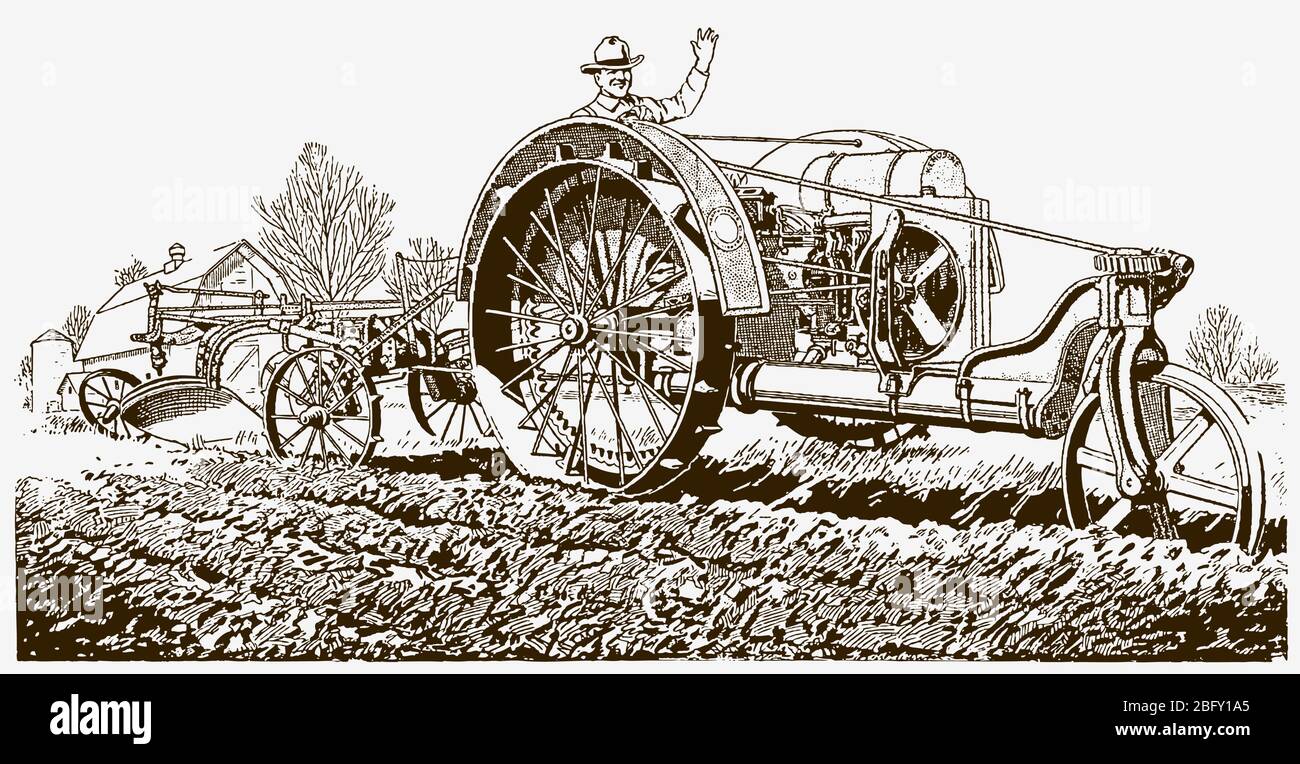 Un agriculteur historique qui agite la main et conduit un tracteur avec une charrue dans un champ. Illustration après une gravure du début du XXe siècle Illustration de Vecteur