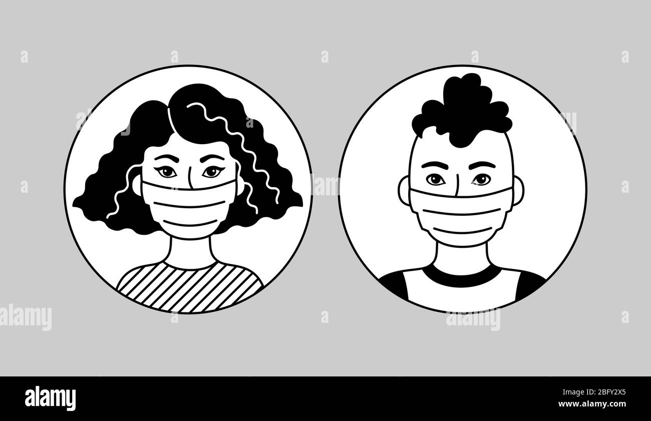 Les personnes portant un masque facial, un homme africain et une femme. Pictogramme vectoriel noir et blanc, icône plate simple. Masques médicaux pour la prévention de la pollution atmosphérique, grippe Illustration de Vecteur