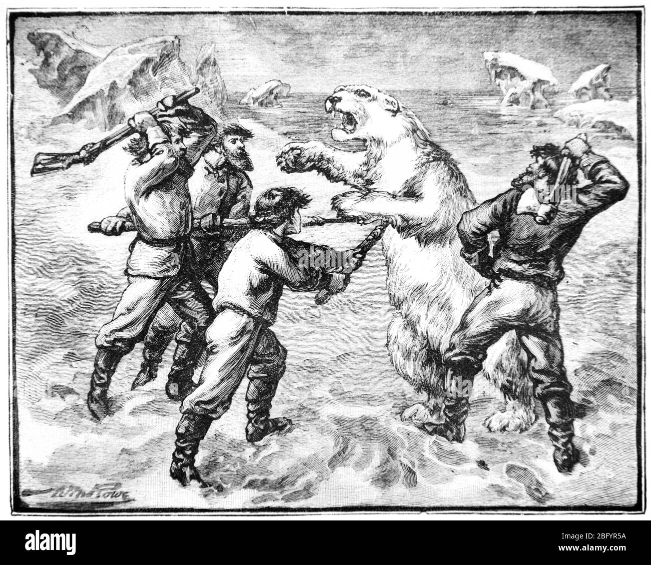 Ours polaire, Ursus maritimus, attaquant des hommes ou des humains dans l'Arctique. Vintage ou ancienne illustration ou gravure 1890 Banque D'Images