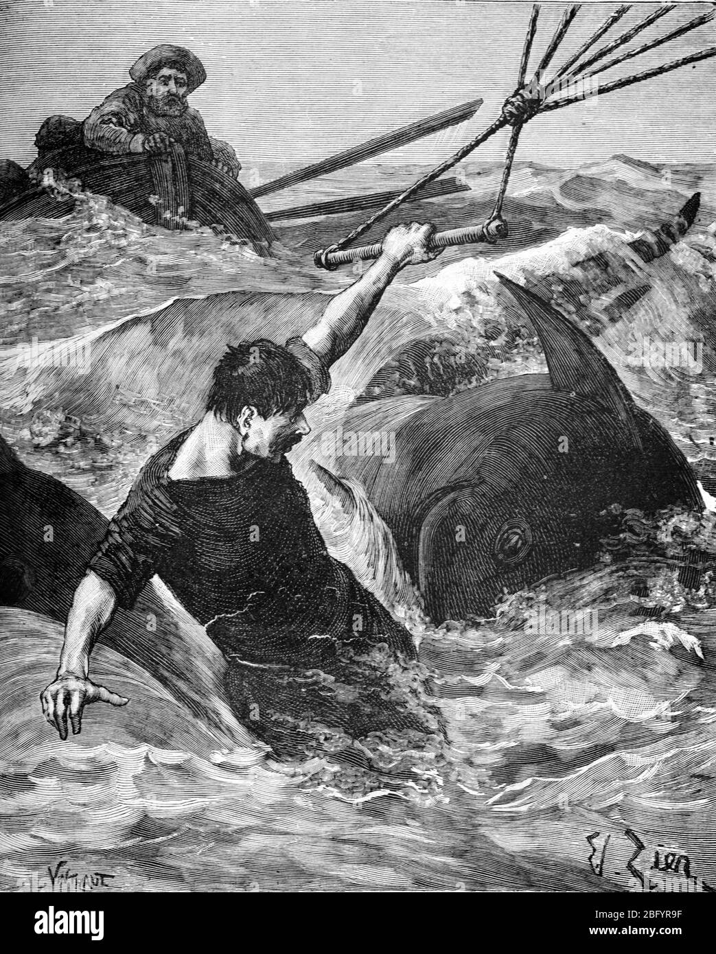 Le Parc Van Tassel, alias Van Tassel, plante son aéronautique ou son ballon tôt, l'éclipse, dans la mer près d'Honolulu parmi les requins le 16 novembre 1889. Son corps n'a jamais été trouvé et il a été présumé mangé par les requins. Vintage ou ancienne illustration ou gravure 1890 Banque D'Images