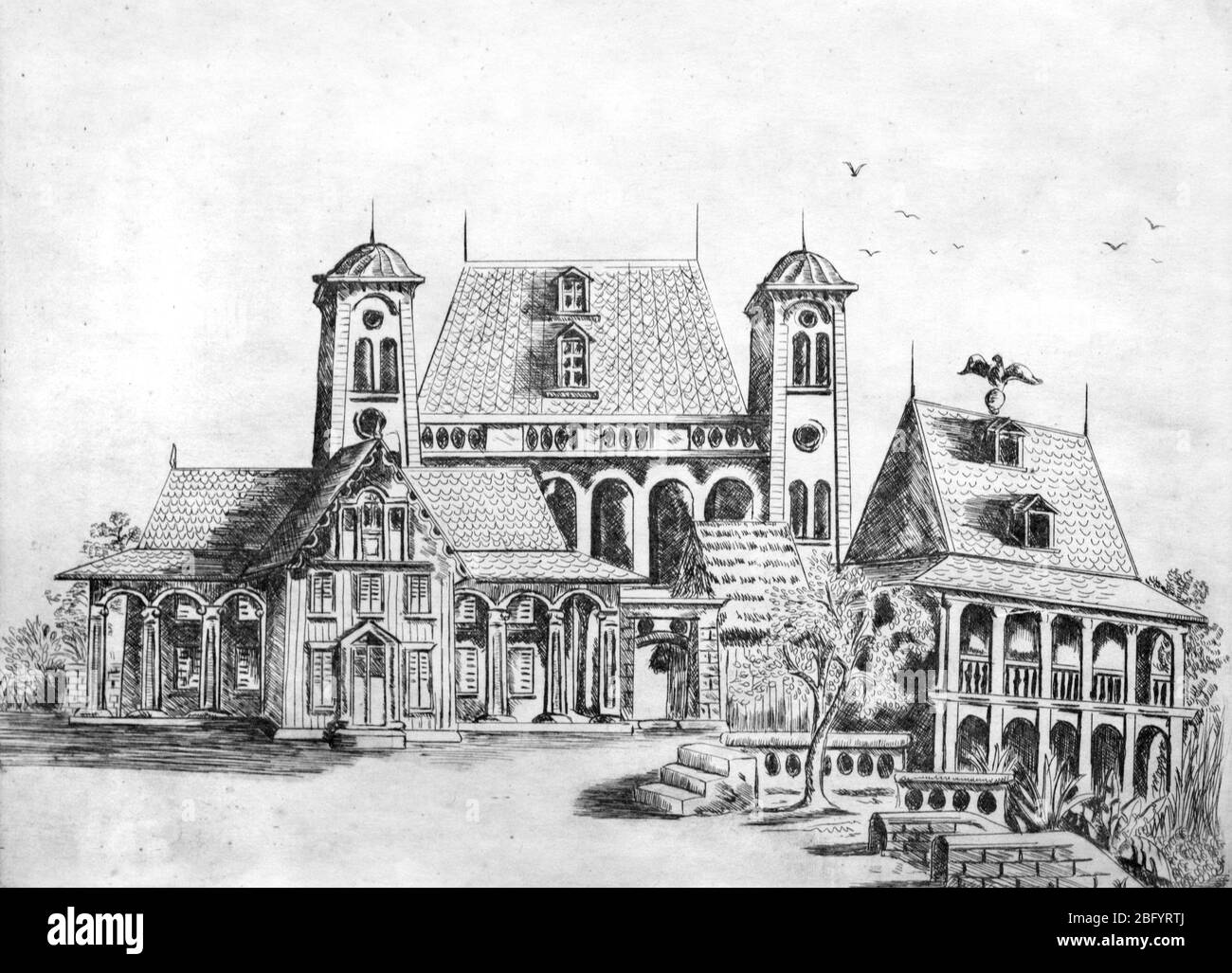 Complexe du Palais Royal ou Rova d'Antananarivo Madagacar avec le Palais Tranovola (à droite) construit par le roi Radama I en 1819 et le Palais Manjakamiadana (centre) (1839-1867) vu d'Ambohipotsy. Gravure ou eau-forte par urbain Faurec (1933) Banque D'Images