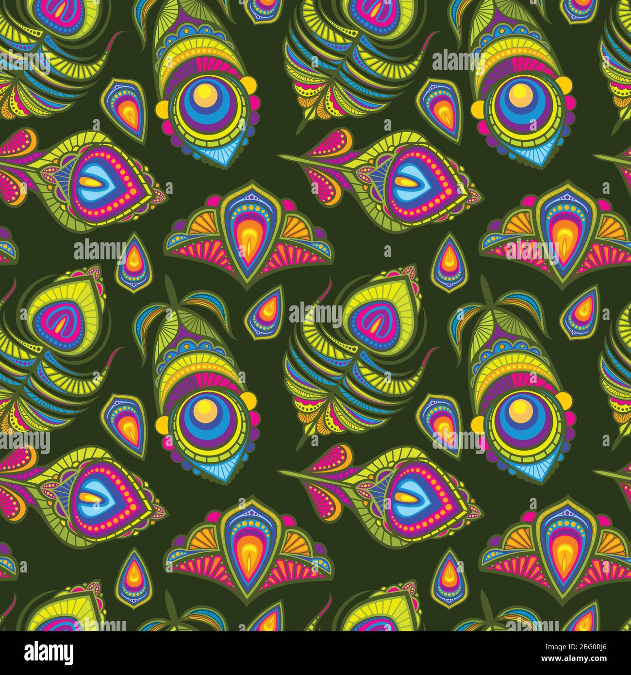 Les plumes d'oiseaux de paon vectorisés sont un motif indien traditionnel sans couture. Plumes d'oiseaux et illustration moelleuse brillante à plumage Illustration de Vecteur