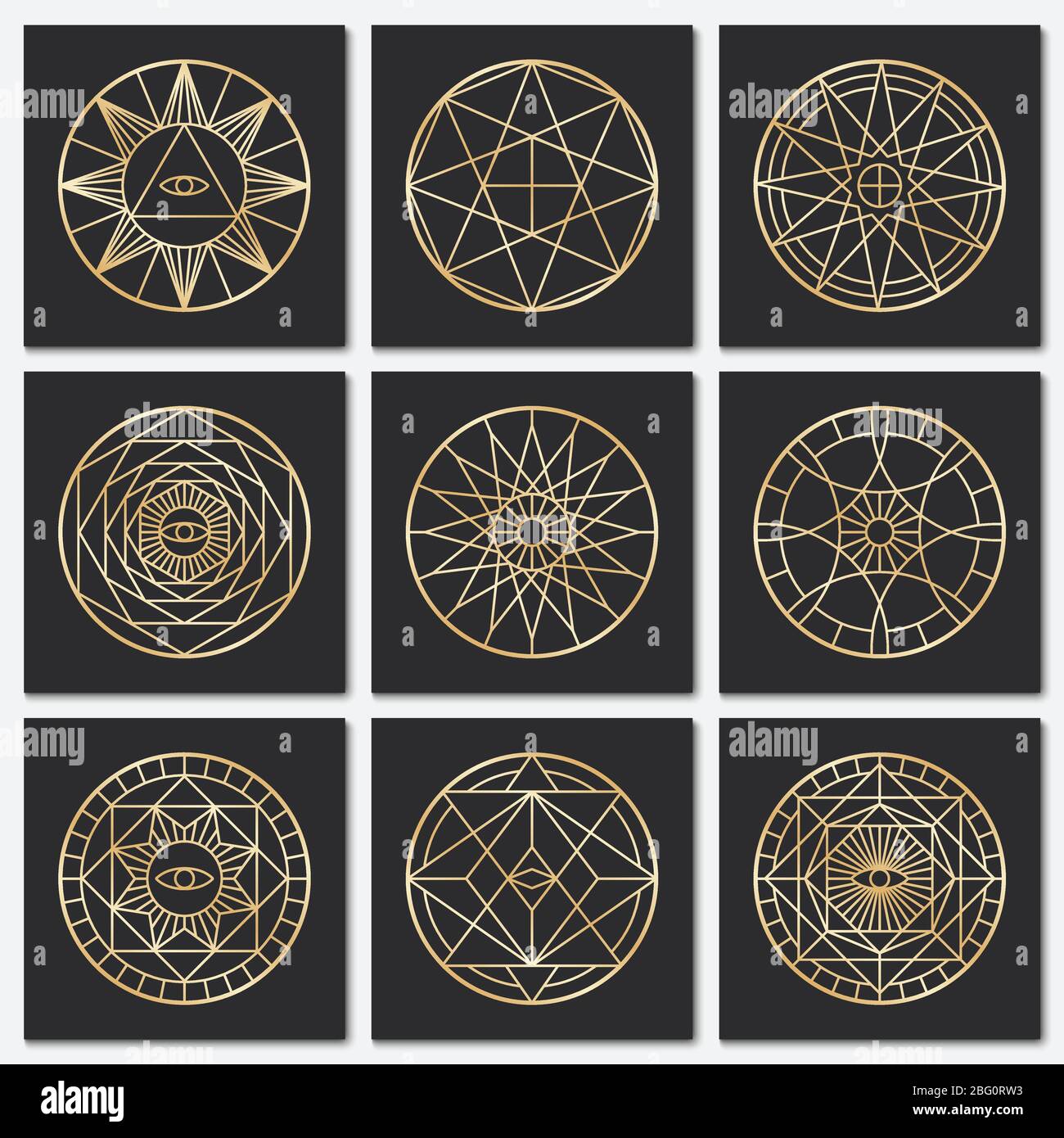 Pentagrammes masoniques anciens. Symboles vectoriels sacrés or Steampunk sur fond sombre. Symbole ésotérique de cercle mystère, géométrie de freemasonerie spiritualit Illustration de Vecteur