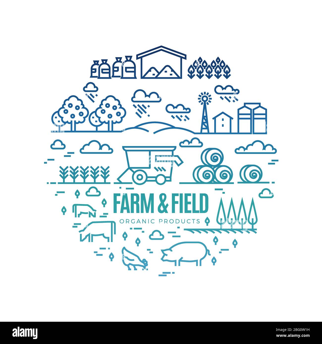 Paysage rural lumineux et agriculture agriculture icônes de ligne mince - produits biologiques label concept. Illustration de l'étiquette paysage et agriculture Illustration de Vecteur