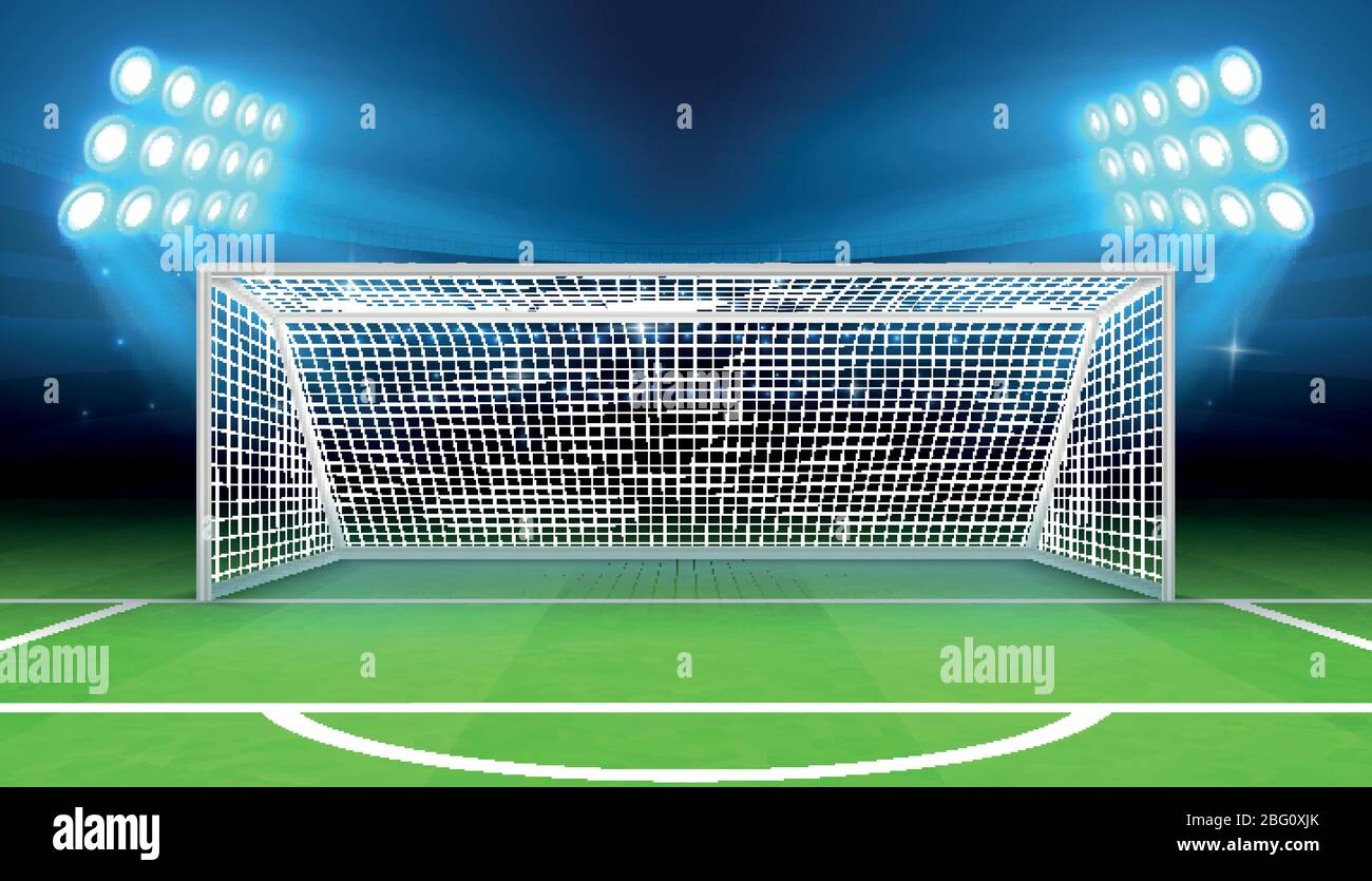 Stade de sport avec illustration vectorielle de but de football. Terrain de football et stade, stade de football avec porte Illustration de Vecteur