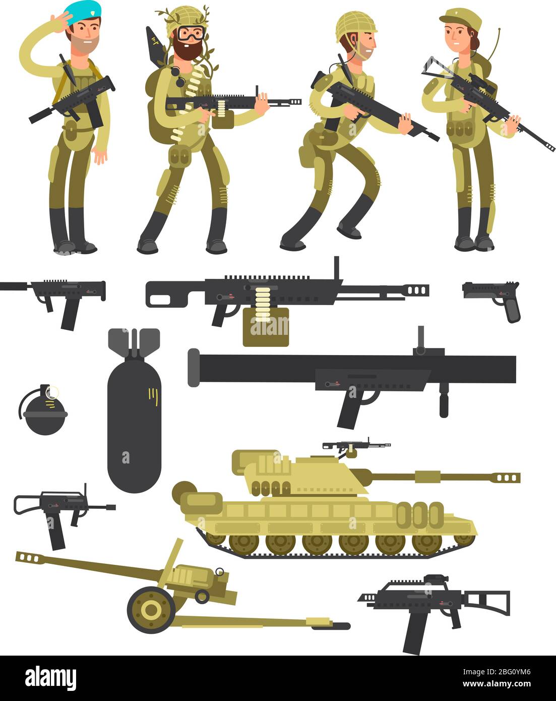 Soldats militaires avec munitions, armes et collection de vecteurs isolés. Illustration de l'arme et du soldat, du combattant militaire de l'armée et du char Illustration de Vecteur