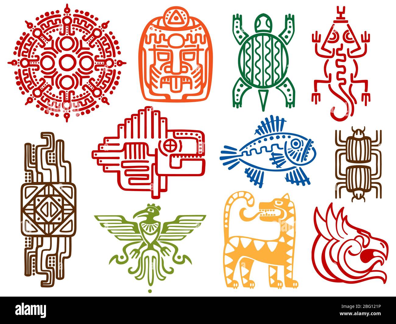 Anciens symboles colorés mexicains vectoriels mythologie isolés sur fond blanc - aztec américain, totem indigène de la culture maya. Illustration vectorielle Illustration de Vecteur