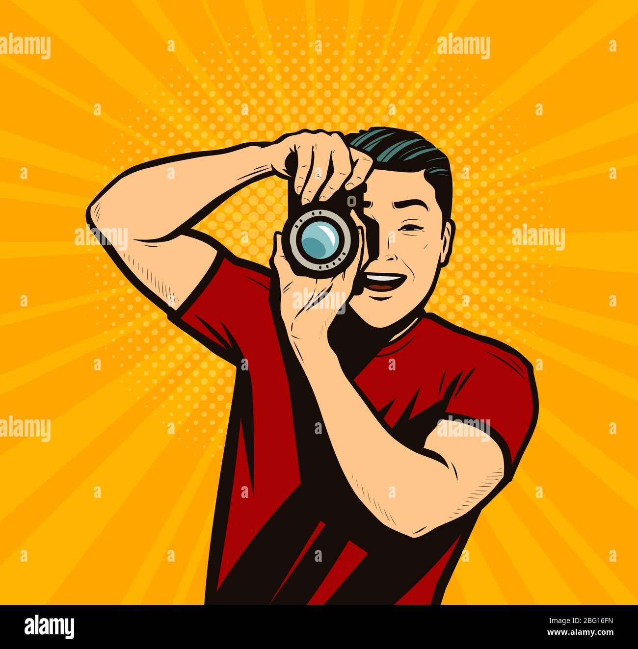 Photographe avec appareil photo. Reporter illustration vectorielle rétro de la bande dessinée pop art Illustration de Vecteur