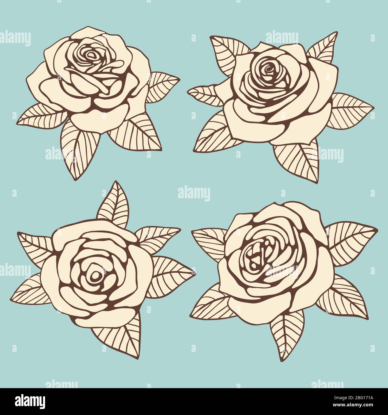 Roses vintage dessinées à la main avec motif feuilles. Illustration vectorielle plate Illustration de Vecteur