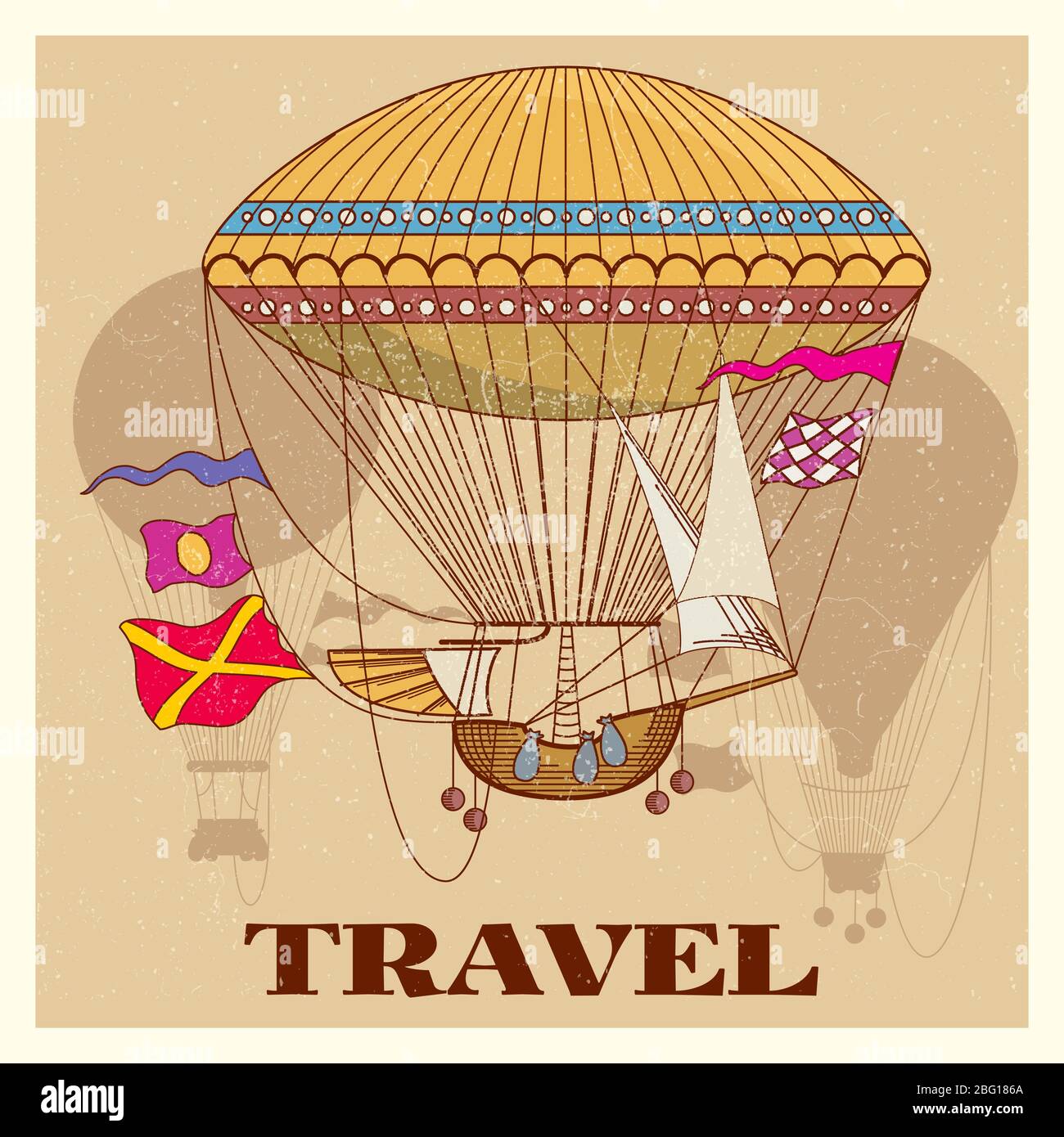 Affiche vintage Grunge avec ballon chaud rétro air. Illustration rétro vintage de grunge de transport en montgolfière Illustration de Vecteur