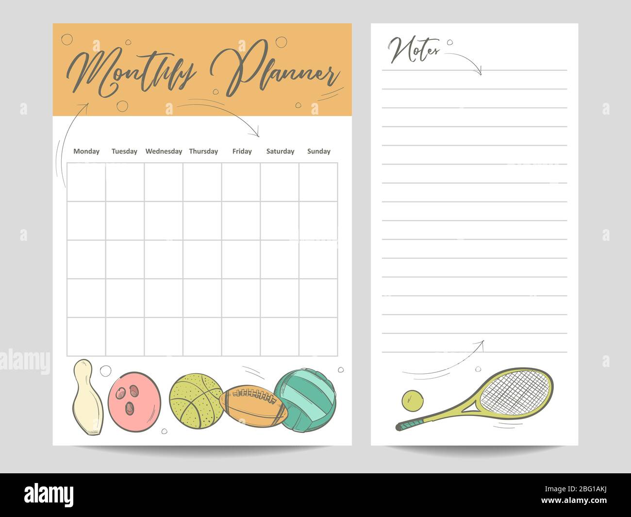Planificateur mensuel et page pour modèle de notes avec éléments de sport d'esquisse. Illustration vectorielle Illustration de Vecteur