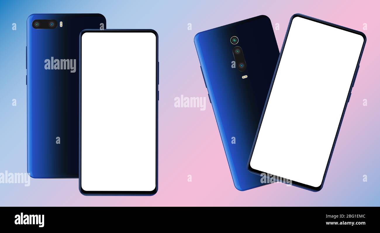 Ensemble réaliste de deux maquettes modernes pour smartphone avec des écrans sans cadre vierges. Modèle pour infographies ou présentations. Illustration vectorielle Illustration de Vecteur