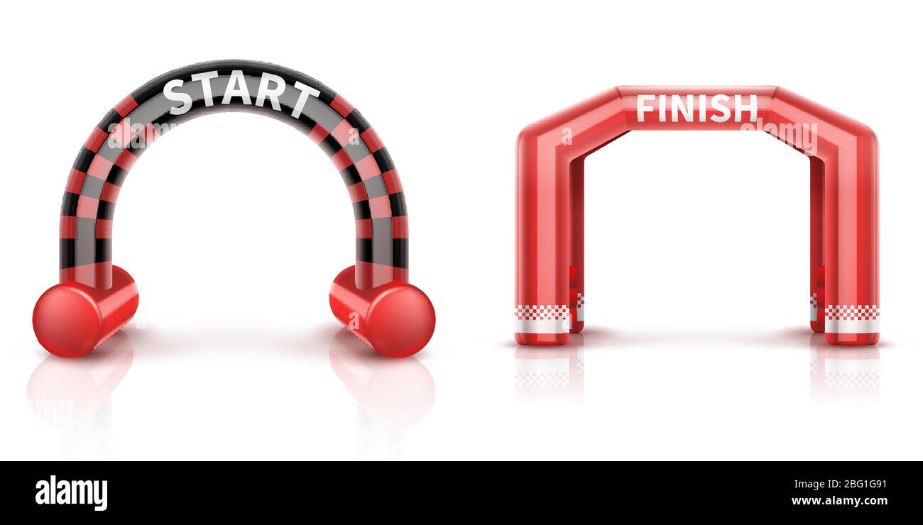 Finition de course gonflable et démarrer la voûte avec bannière. Illustration vectorielle d'arc de bulle d'événement extérieur. Lancer et terminer la voûte plantaire pour le marathon de course Illustration de Vecteur
