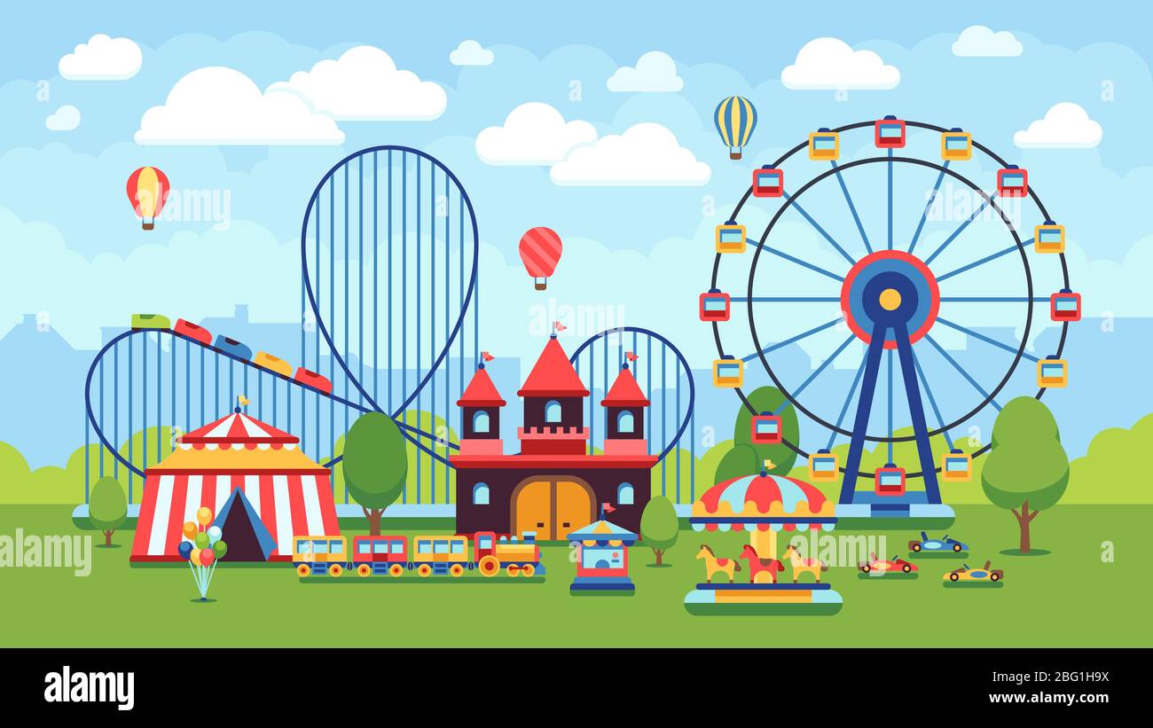 Parc d'attractions de dessin animé avec cirque, carrousels et illustration vectorielle de montagnes russes. Parc du cirque et caricature du carrousel amusant, amusement et carnaval Illustration de Vecteur