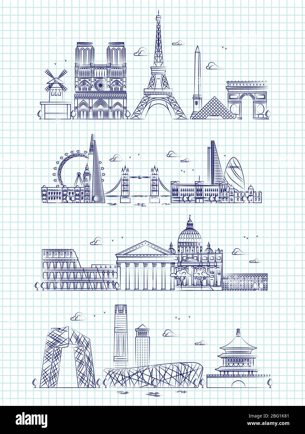 Les villes populaires de mot contours panorama sur la page de bloc-notes. Bâtiment panorama ville Londres et rome, paris et hong kong illustration Illustration de Vecteur