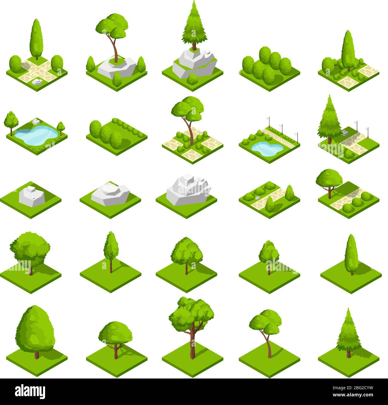 Éléments de nature isométriques. Arbres et plantes de forêts et de parcs urbains. Graphiques de carte vectorielle. Bois et parc vert nature partie, naturel ECO isométrique illus Illustration de Vecteur