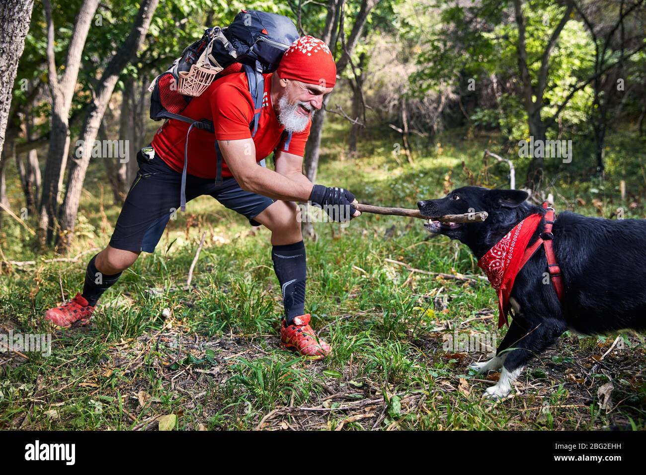 Homme barbu en chemise rouge jouer avec chien. Outdoor travel concept Banque D'Images