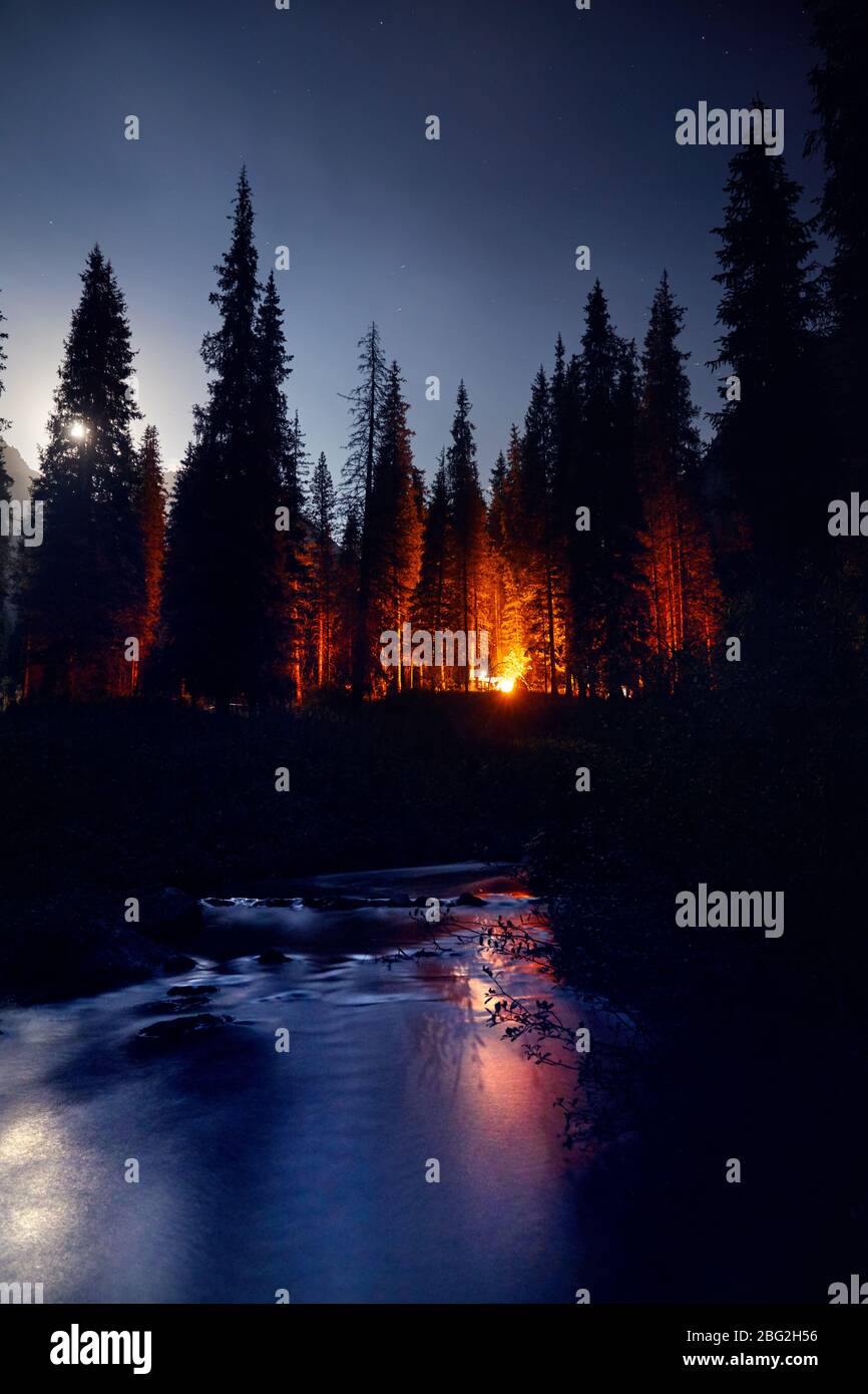 Feu de camp dans la forêt près de la rivière au fond de ciel de nuit Banque D'Images