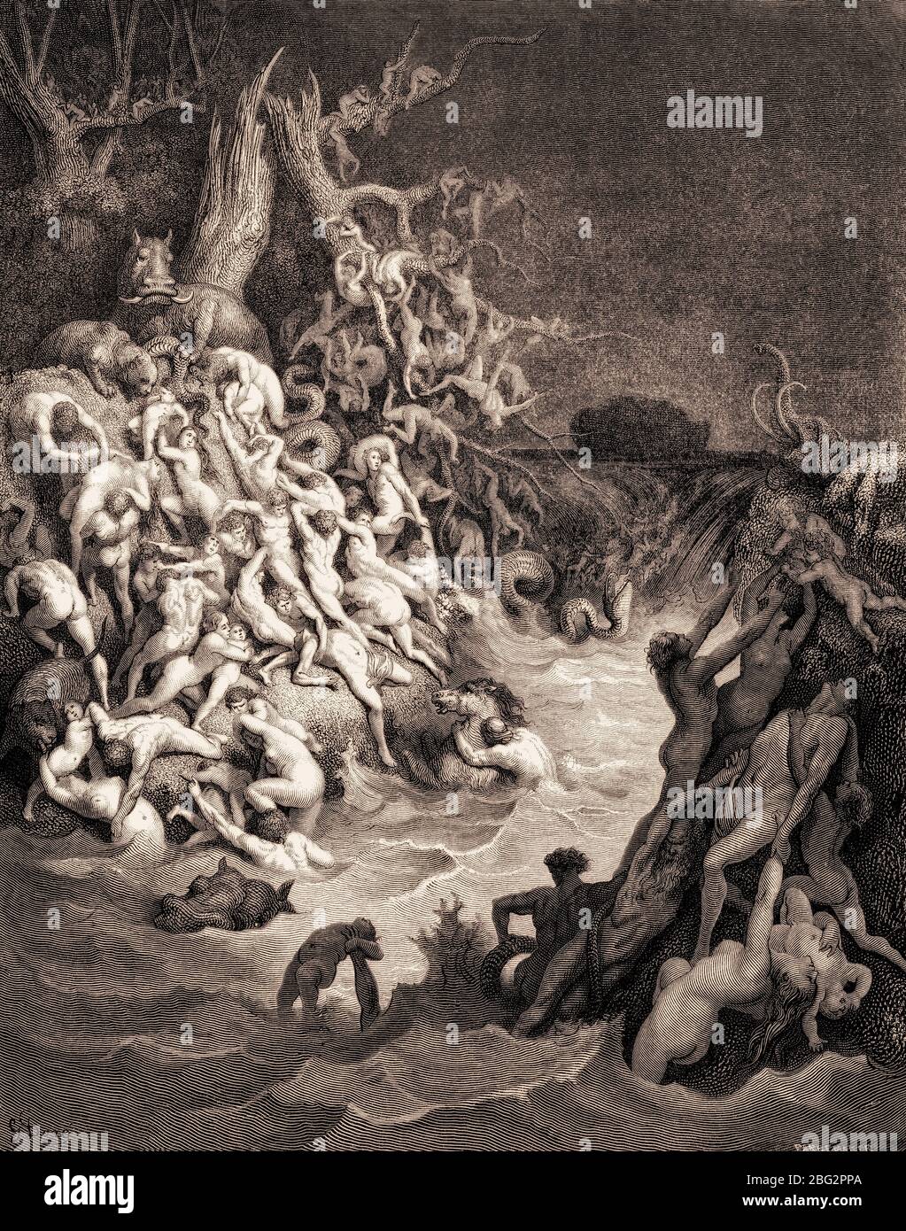Le monde est détruit par l'eau, l'ancien Testament, la coupe de bois par Gustave Doré Banque D'Images