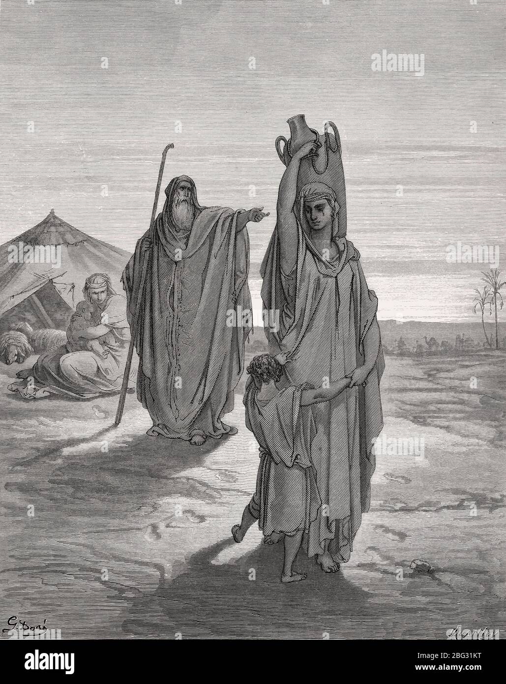 Abraham envoie Hagar et Ismael loin, ancien Testament, boisé par Gustave Doré Banque D'Images