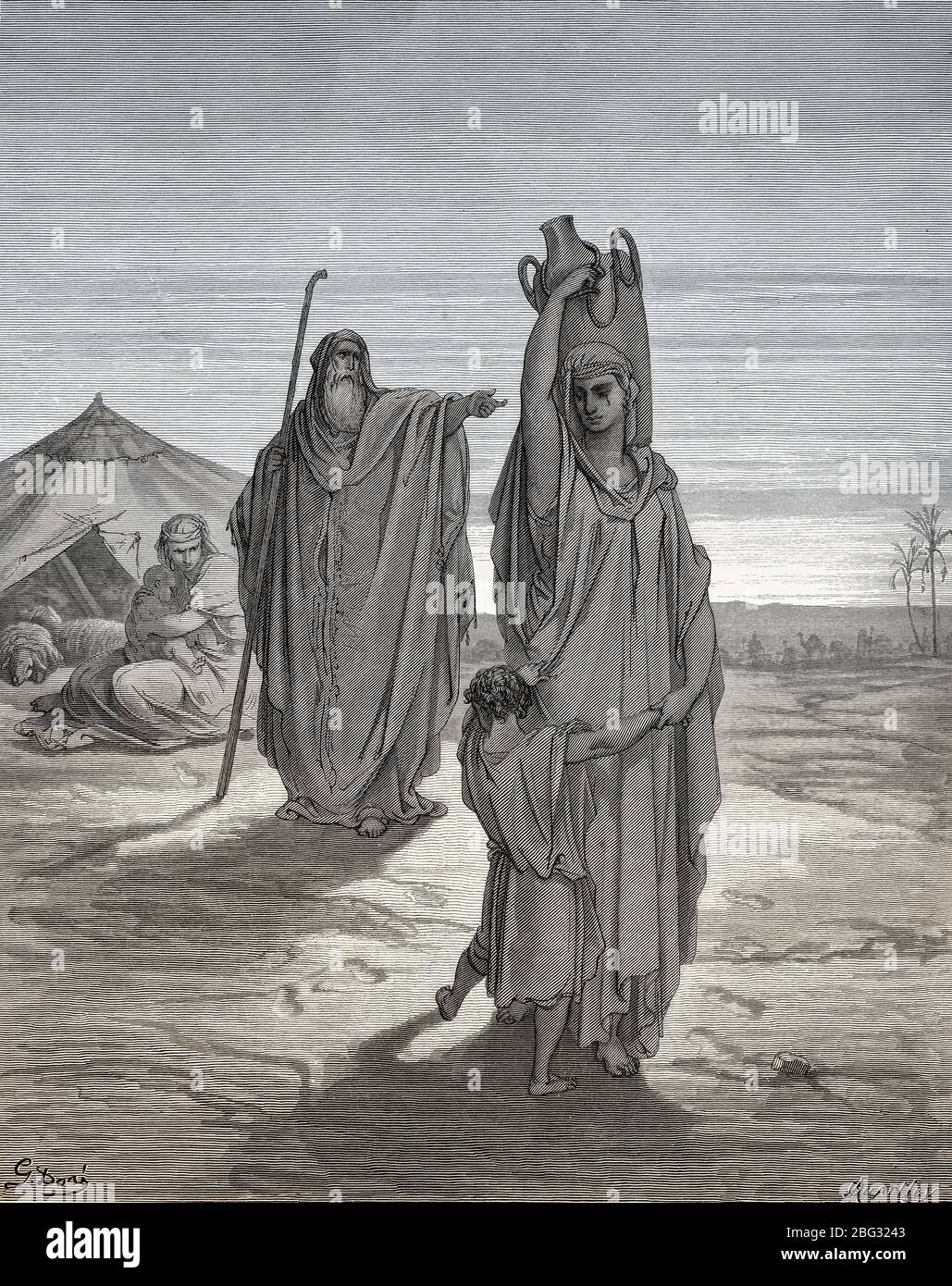 Abraham envoie Hagar et Ismael loin, ancien Testament, boisé par Gustave Doré Banque D'Images