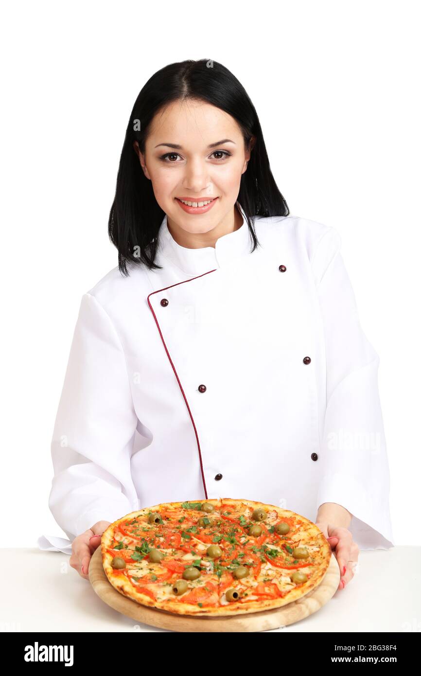 Belle fille chef cuisinière avec pizza isolée sur blanc Banque D'Images