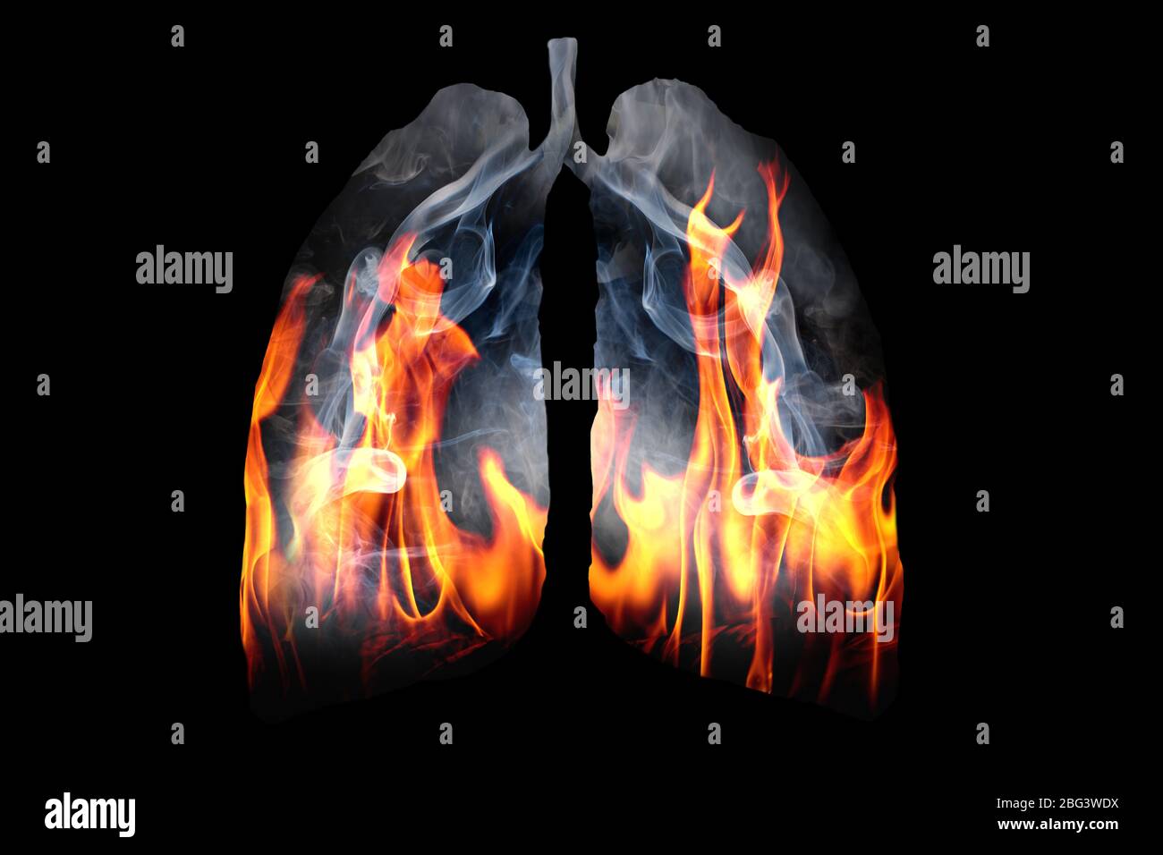 Illustration d'une formation de fumée toxique et de feu de flamme façonnée comme le poumon humain, le concept de poumons de fumeur de cigarette sur fond noir Banque D'Images