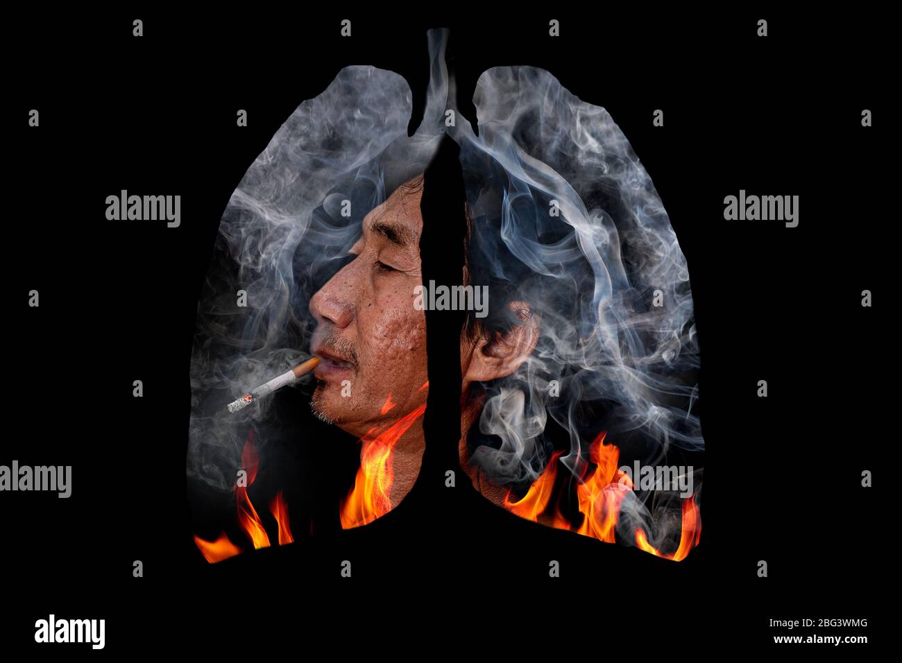 Illustration de l'homme âgé et de la fumée toxique et de la formation de feu de flamme façonné comme le poumon humain, le concept de cigarette fumeur poumons sur le dos noir Banque D'Images