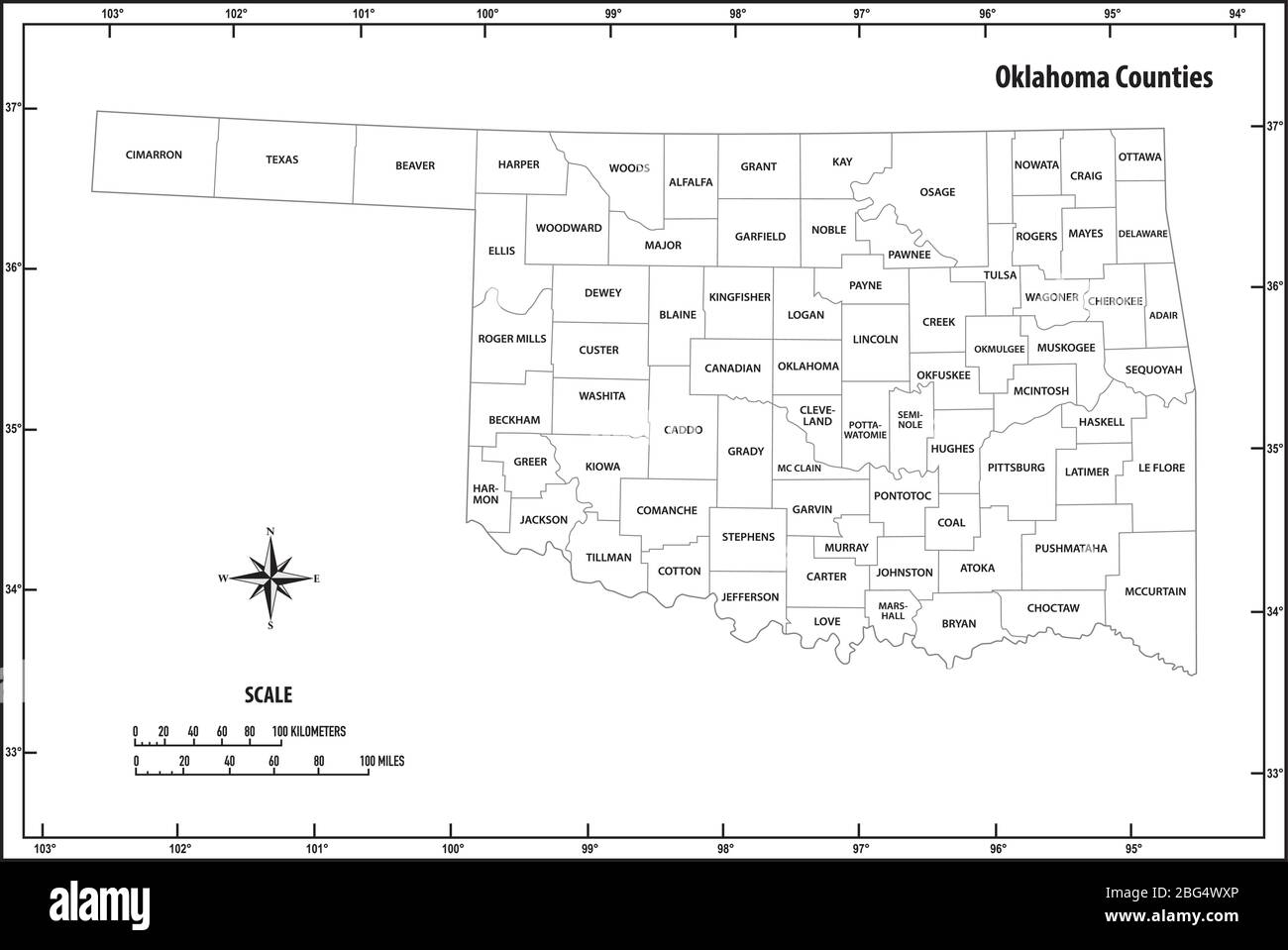 l'état de l'oklahoma présente en noir et blanc une carte vectorielle administrative et politique Illustration de Vecteur