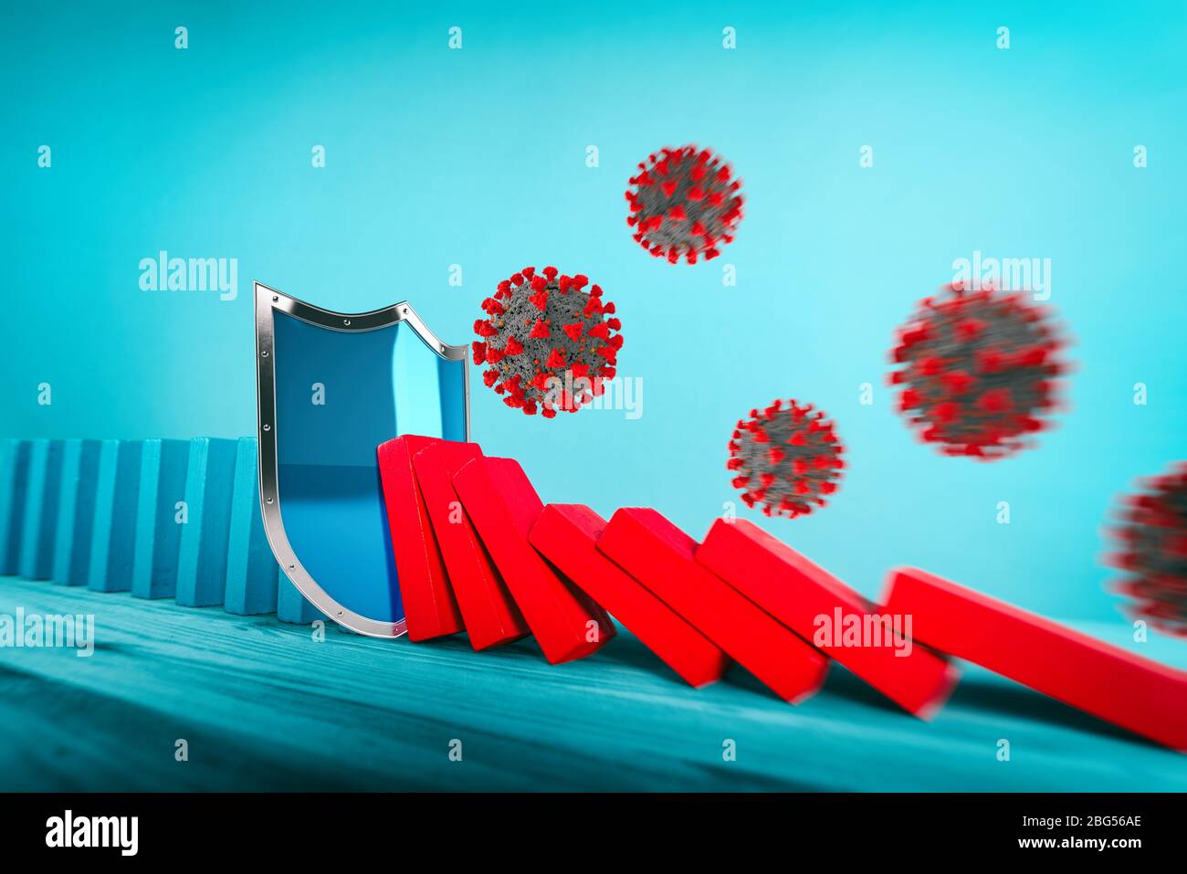 Shield arrête une chute de chaîne causée par des virus comme domino. Concept de prévention des crises et des défaillances dans les entreprises et les soins de santé. Banque D'Images