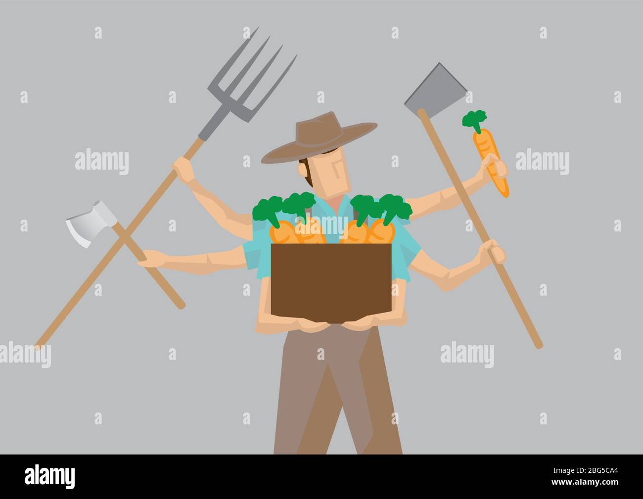 Illustration vectorielle d'un personnage de dessin animé animé d'un agriculteur avec plusieurs bras contenant différents outils de travail isolés sur fond gris clair. Illustration de Vecteur