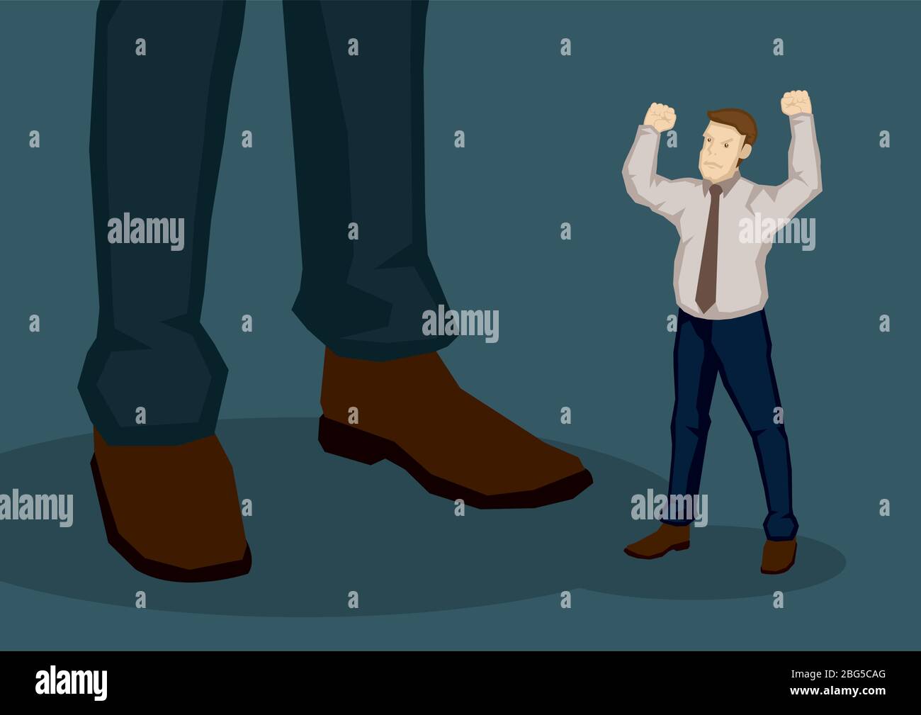 Un petit homme de dessin animé avec un poing levé dans un geste en colère à côté d'un homme plus grand. Illustration vectorielle créative sur le mécontentement avec concept de gestion isolé Illustration de Vecteur