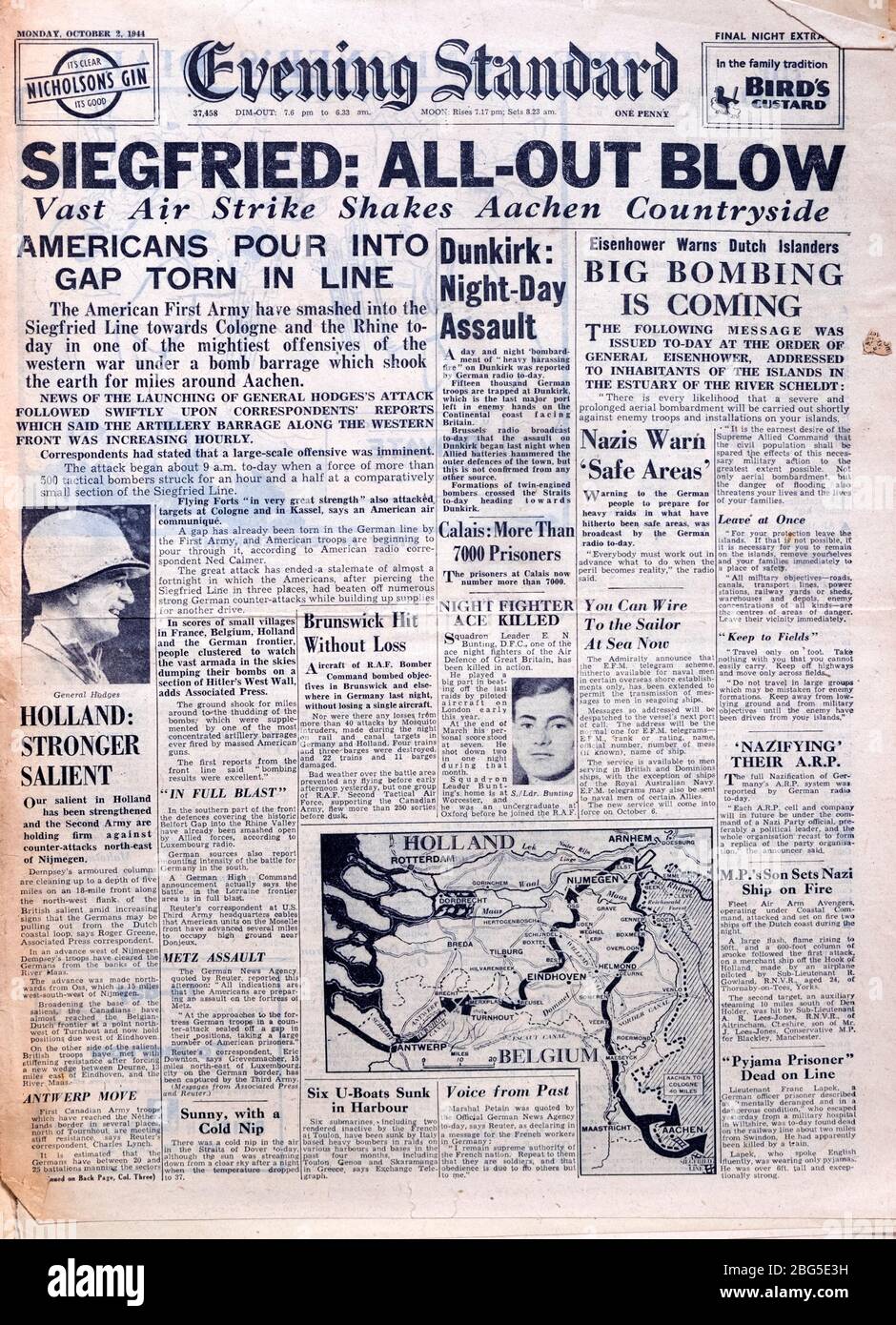 Soirée « Siegfried All-out Blow » « Air Strike Shales Aachen campagne » soirée Standard WWII journaux britanniques 2 octobre 1944 Londres Royaume-Uni Banque D'Images